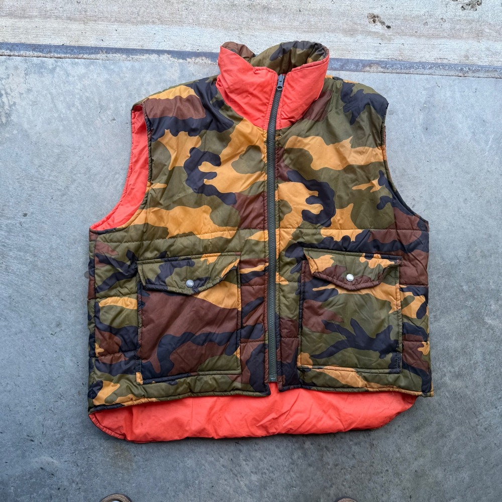 Winchester Vintage Camo Puffer Vest Mens Large Orange Lining Hunting Outdoor L